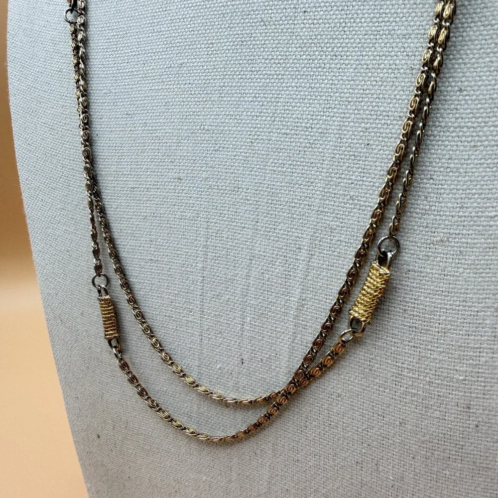 Two Tone Silver & Gold Tone Double Strand Byzantine Chain Necklace Statement